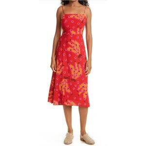 Farm Rio Red Tiki Bananas Sleeveless Tie Back Midi Sun Dress Size M